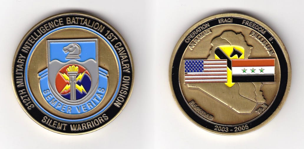 Round shaped,  antique brass colored coin 2 inches in diameter.