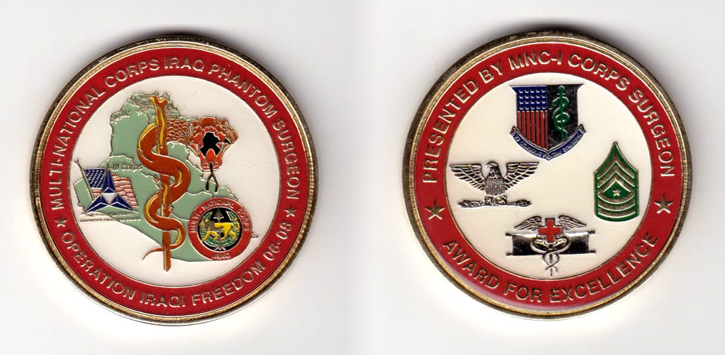 Round shaped,  brass colored coin 2 inches in diameter.