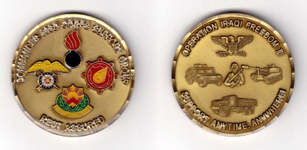 Round shaped,  brass colored coin 2 inches in diameter.