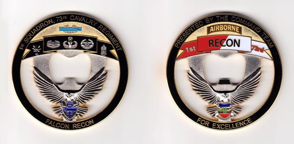 Round shaped, with bottle opener in center,  gold colored coin with silver accents,  3 inches in diameter.