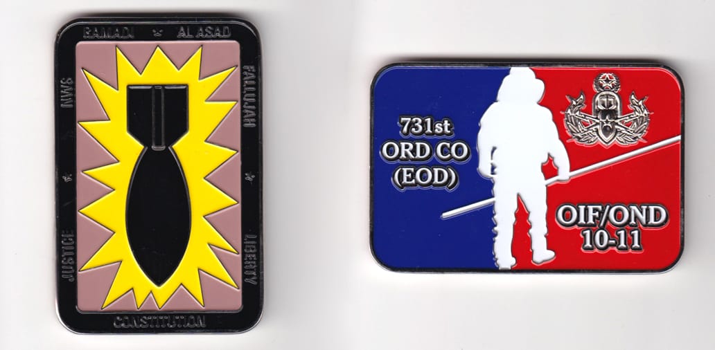 Retangular shaped, gold colored coin, 1-3/4 inches wide x 2-3/4 inches high.