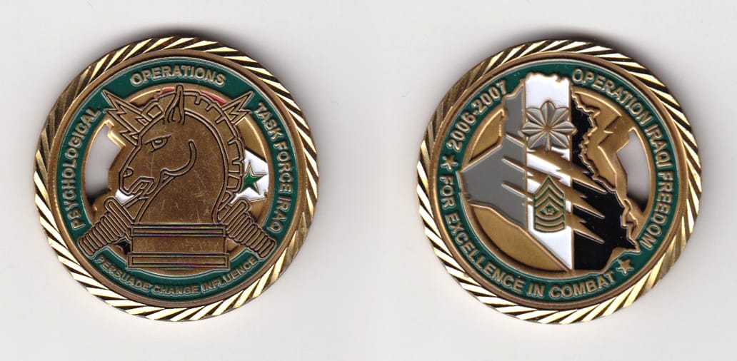 Round shaped, brass colored coin, 1-1/2 inches in diameter.