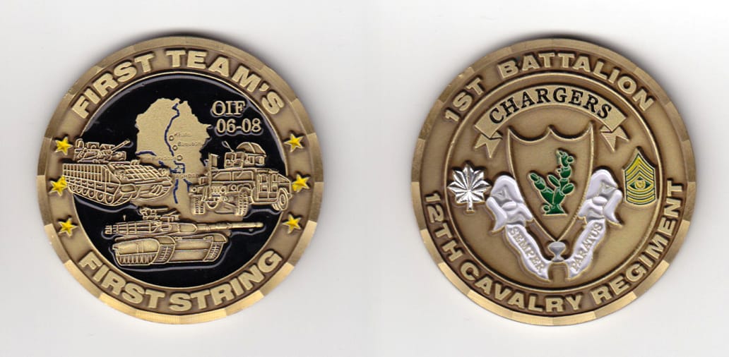 Round shaped, brass colored coin, 2 inches in diameter.