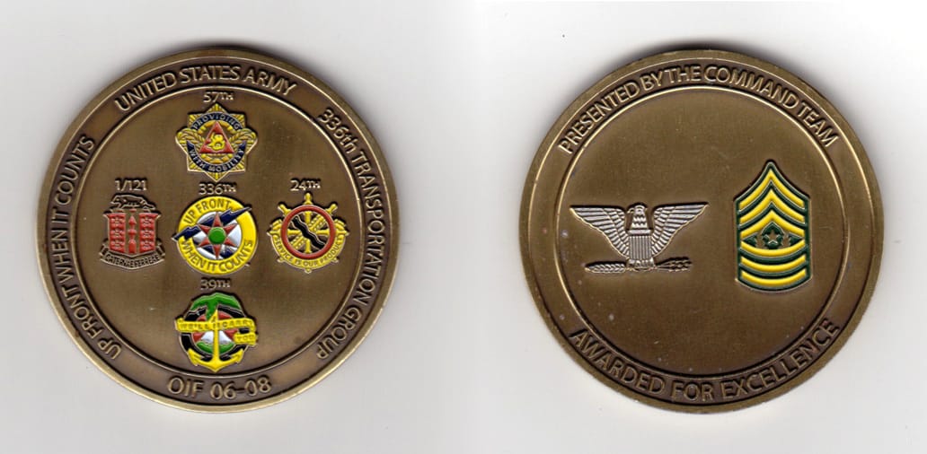 Round shaped, brass colored coin, 2 inches in diameter.