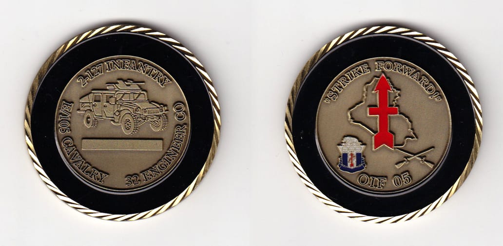 Round shaped, brass colored coin, 2 inches in diameter.