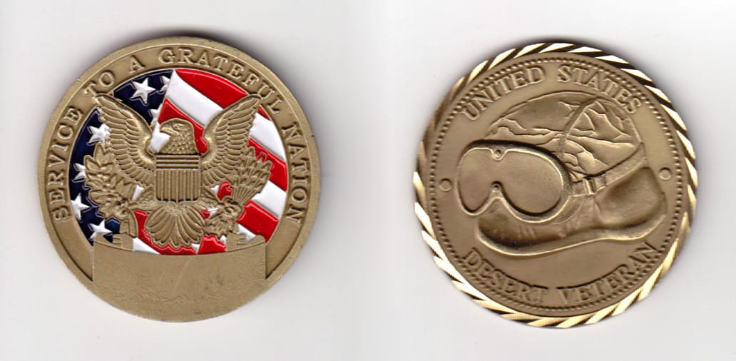 Round shaped, brass colored coin, 2 inches in diameter.