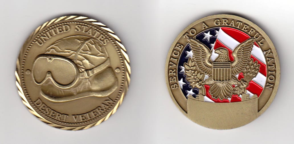 Round shaped, brass colored coin, 2 inches in diameter.