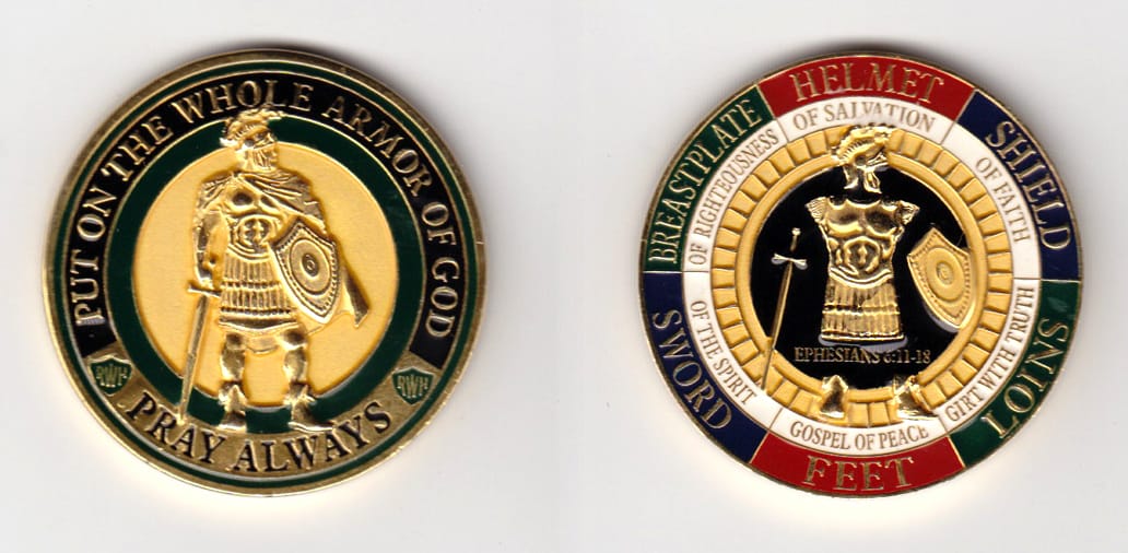 Round shaped, gold colored coin, 1-3/4 inches in diameter.