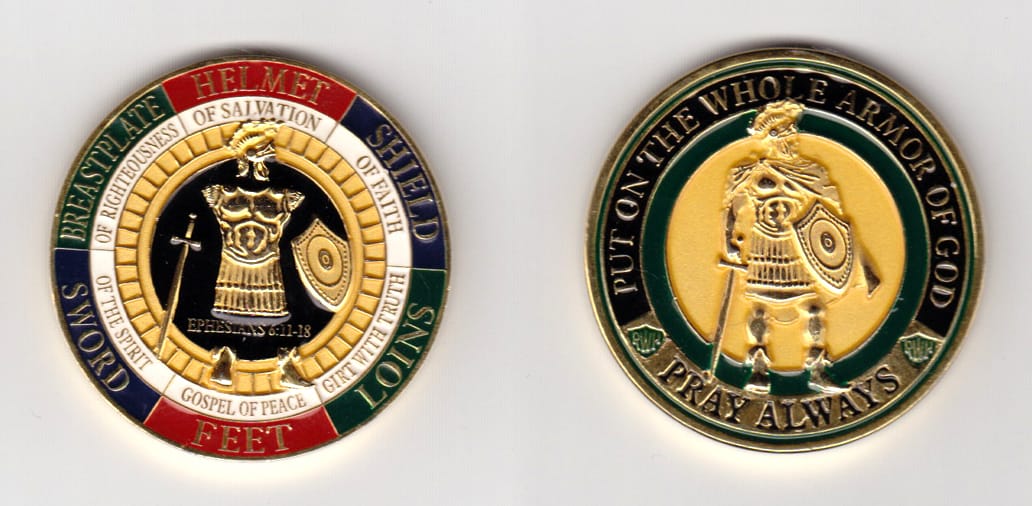 Round shaped, gold colored coin, 1-3/4 inches in diameter.