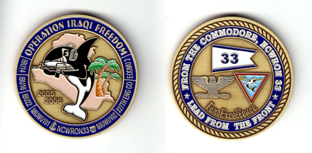 Round shaped, brass colored coin, 2 inches in diameter.