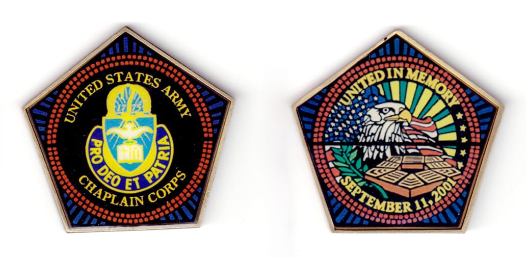 Pentagon shaped, brass colored coin, 2-1/4 inches wide x 2-1/4 inches high.