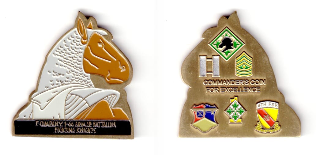 Horse head shaped, brass colored coin, 2 inches wide x 2 inches high.