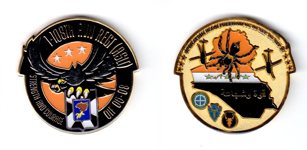 Round shaped, brass colored coin, 2 inches in diameter.