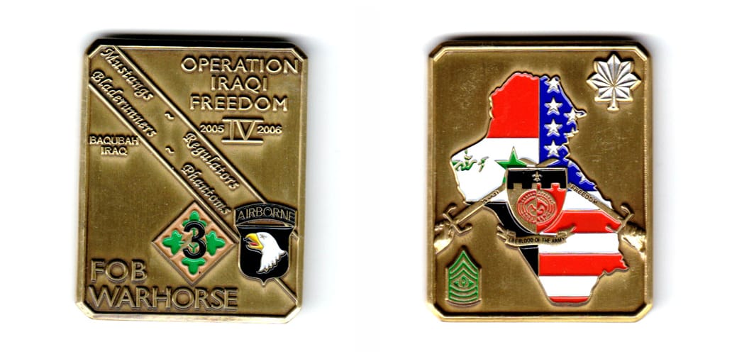 Retangular shaped, brass colored coin, 1-3/4 inches wide x 2-1/4 inches high.