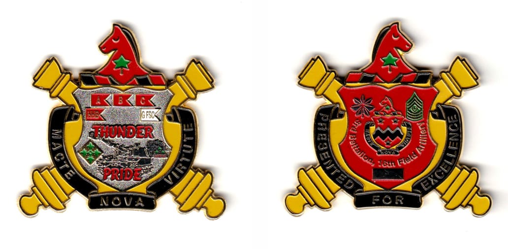 Shield shaped with horse head mounted above, banner mounted below and crossed cannons protuding on sides, brass colored ...