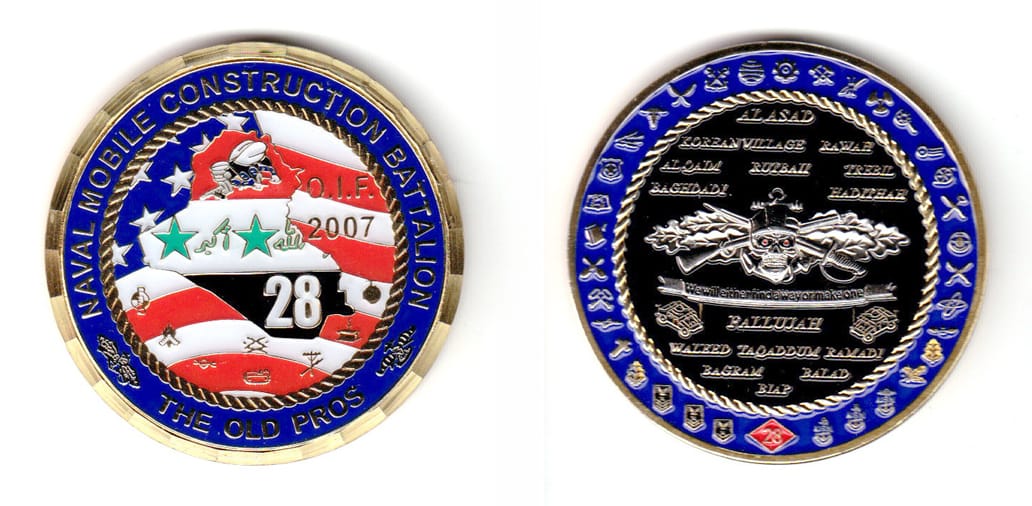 Round shaped, brass colored coin, 2 inches in diameter.