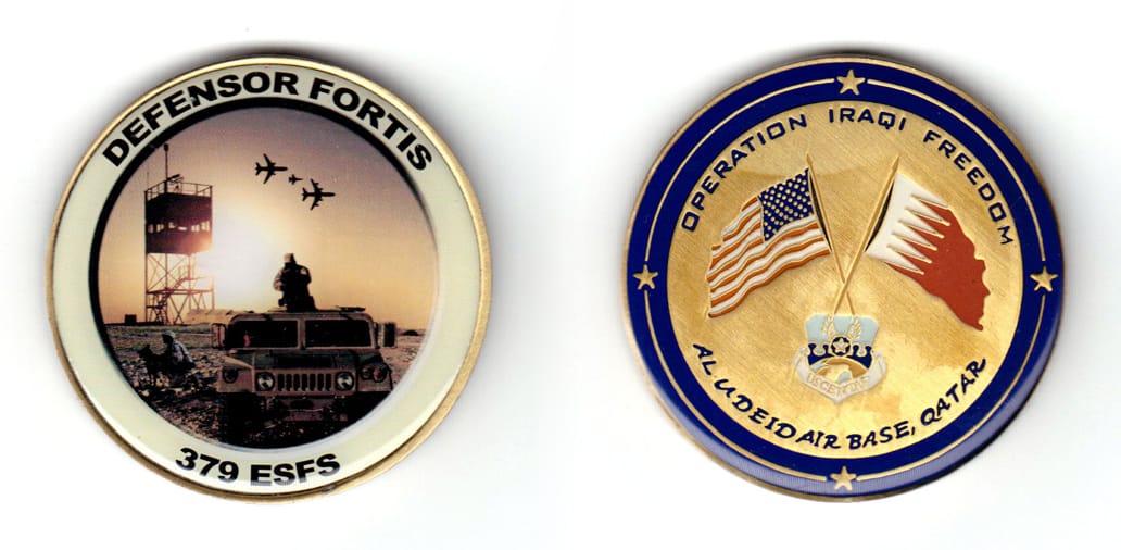 Round shaped, brass colored coin, 2 inches in diameter.