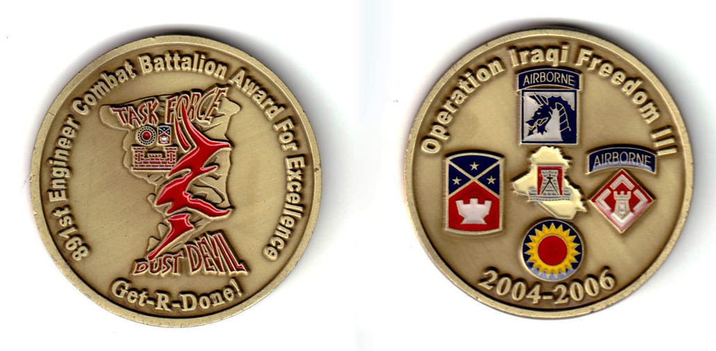 Round shaped, brass colored coin, 2 inches in diameter.