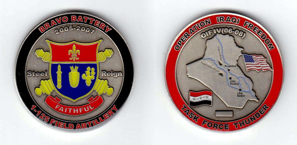 Round shaped, pewter colored coin, 2 inches in diameter.