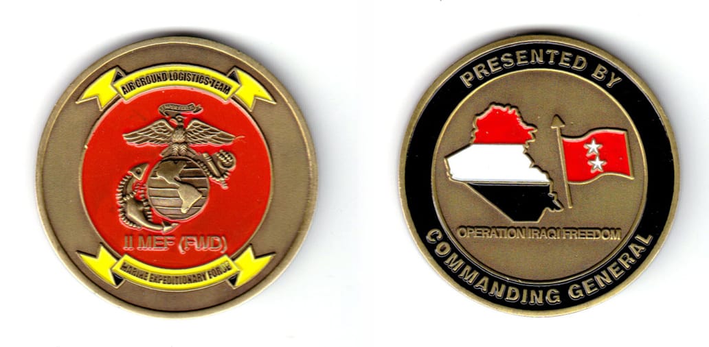 Round shaped, brass colored coin, 2 inches in diameter.