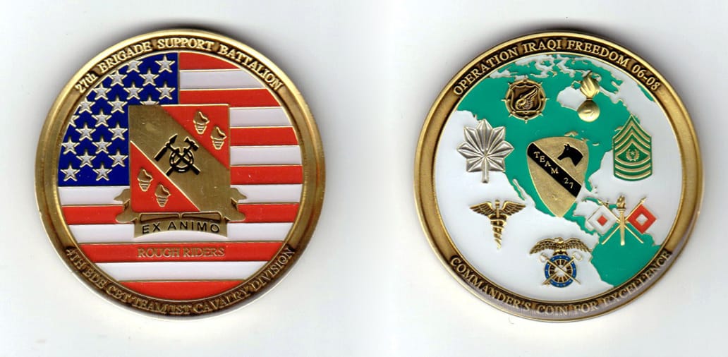 Round shaped, brass colored coin, 2 inches in diameter.