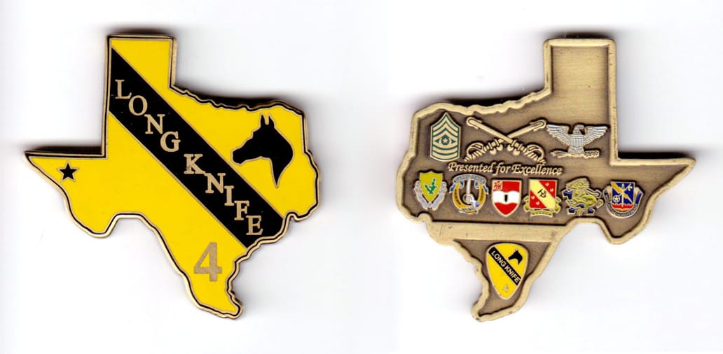 Texas shaped, brass colored coin, 2 inches wide x 2 inches high.