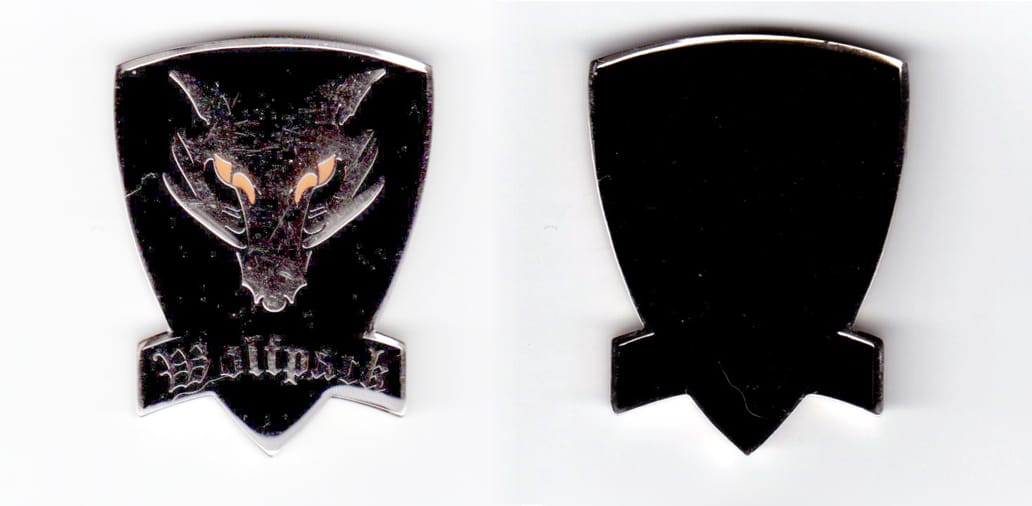 Shield shaped, silver and black colored coin, 1- 1/2 inches wide x 2 inches high.
