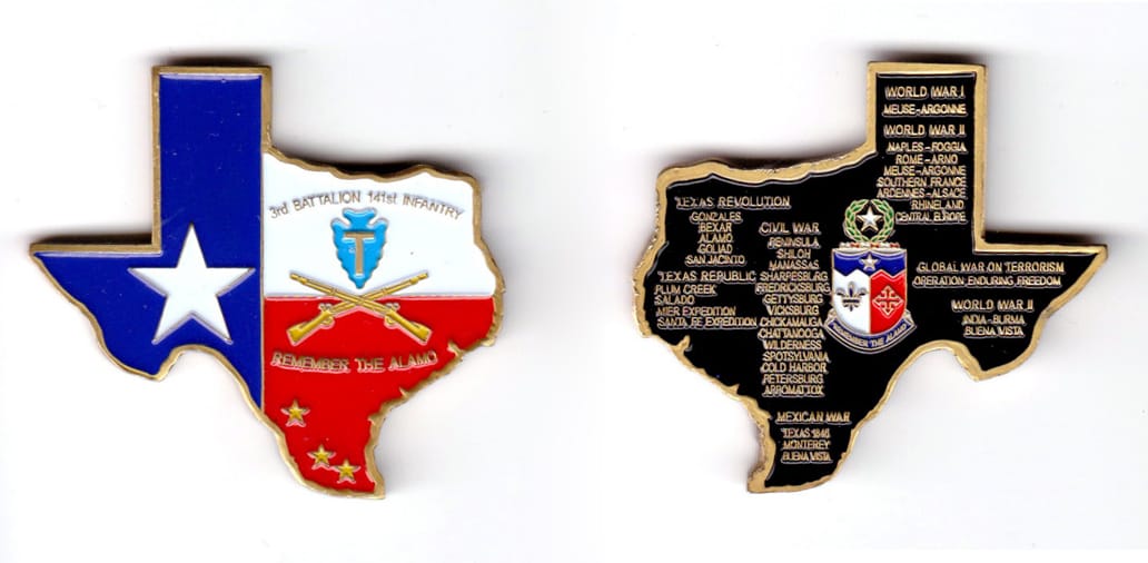 Texas shaped, brass colored coin, 2 inches wide x 2 inches high.