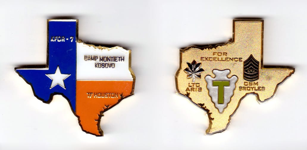 Texas shaped, brass colored coin, 2 inches wide x 2 inches high.