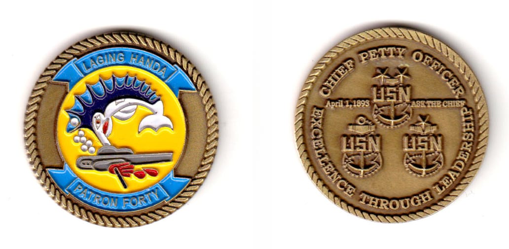 Round shaped, brass colored coin, 1-1/2 inches in diameter.