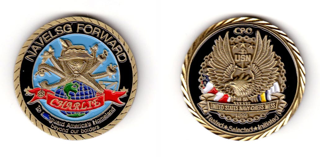 Round shaped, brass colored coin, 1-1/2 inches in diameter.