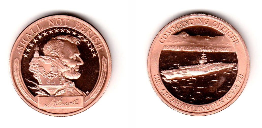 Round shaped, copper colored coin, 1-1/2 inches in diameter.