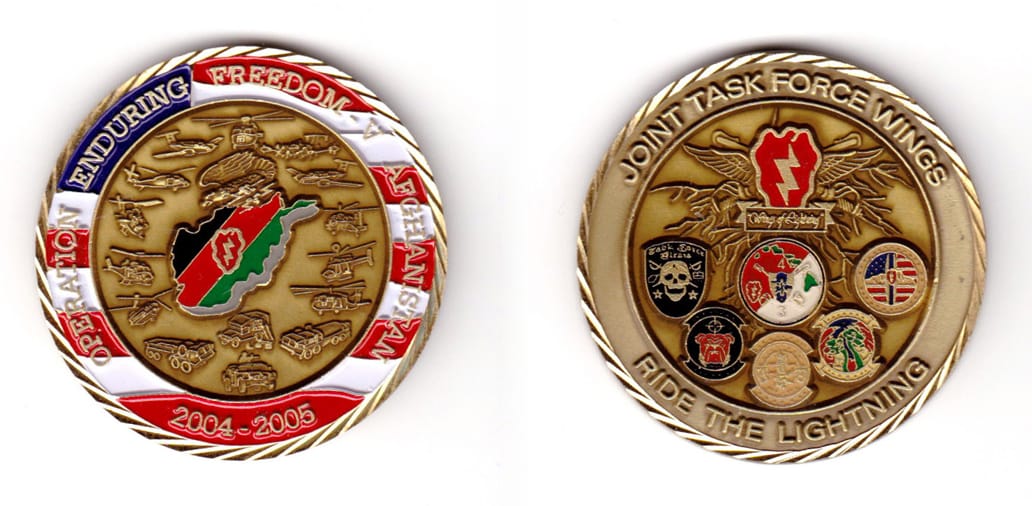 Round shaped, brass colored coin, 2 inches in diameter.