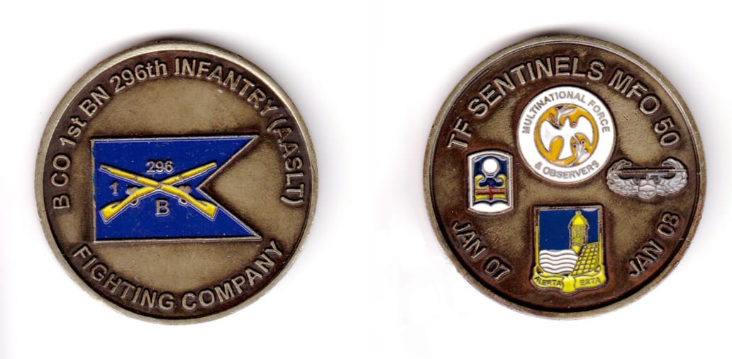 Round shaped, antique brass colored coin, 2 inches in diameter.