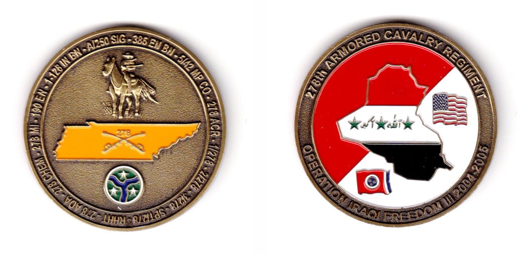 Round shaped, antique brass colored coin, 2 inches in diameter.