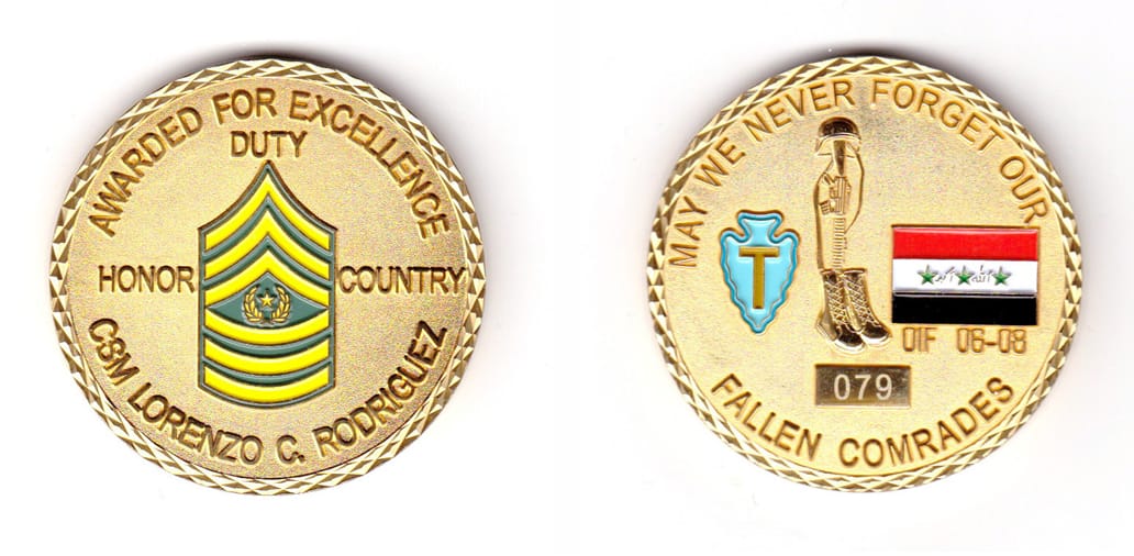 Round shaped, brass colored coin, 2 inches in diameter.