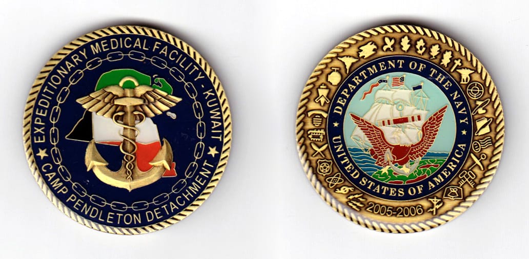 Round shaped, brass colored coin, 2 inches in diameter.