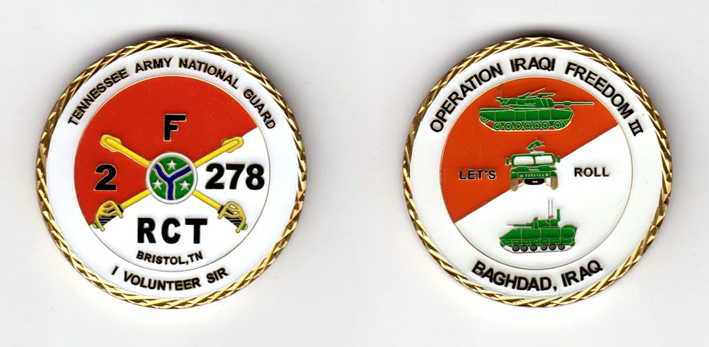 Round shaped, brass colored coin, 1-7/8 inches in diameter.