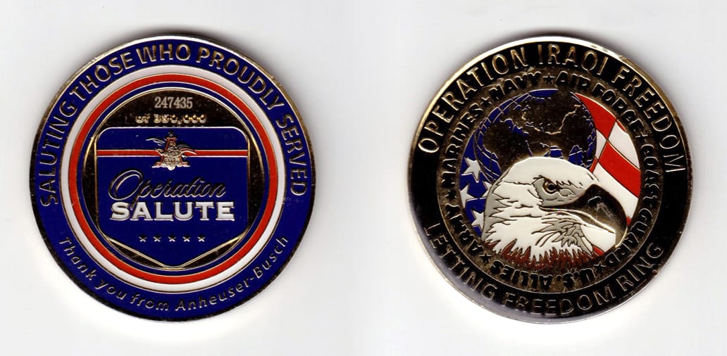 Round shaped, gold colored coin, 2 inches in diameter.