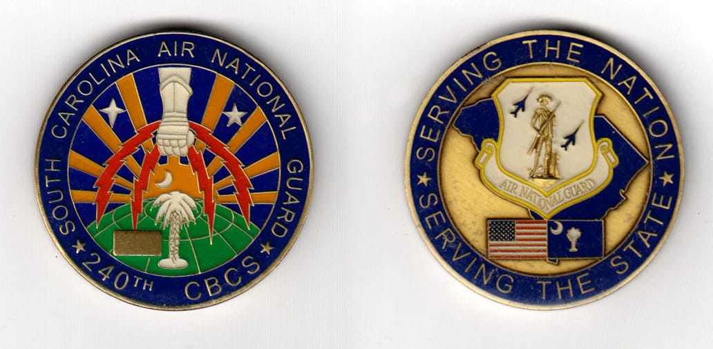 Round shaped, brass colored coin, 1-1/2 inches in diameter.