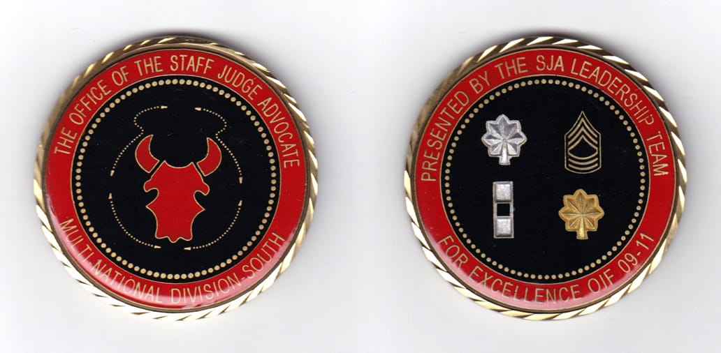 Round shaped, brass colored coin, 2 inches in diameter.