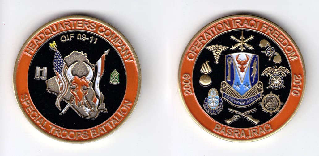 Round shaped, brass colored coin, 2 inches in diameter.