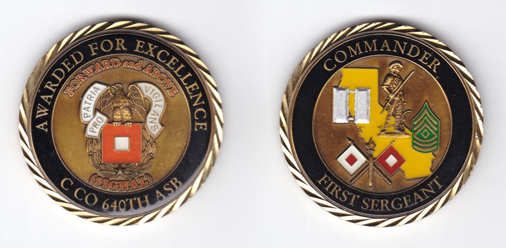 Round shaped, antique brass colored coin, 2 inches in diameter.