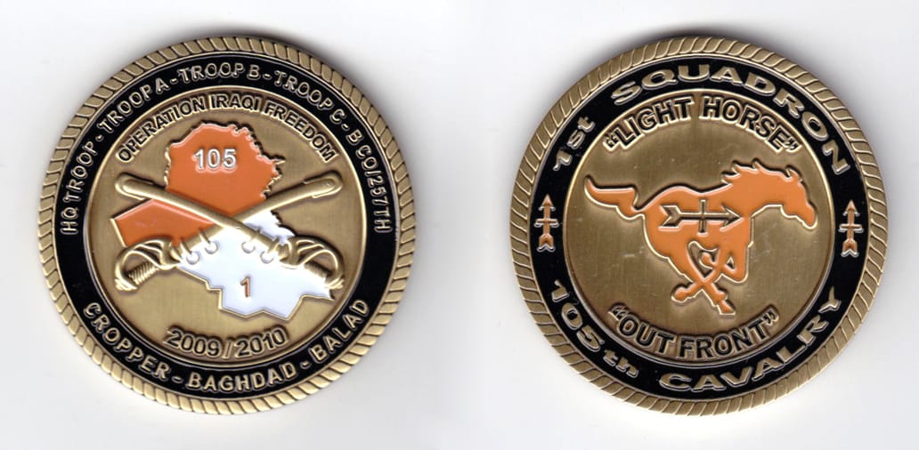 Round shaped, antique brass colored coin, 2 inches in diameter.