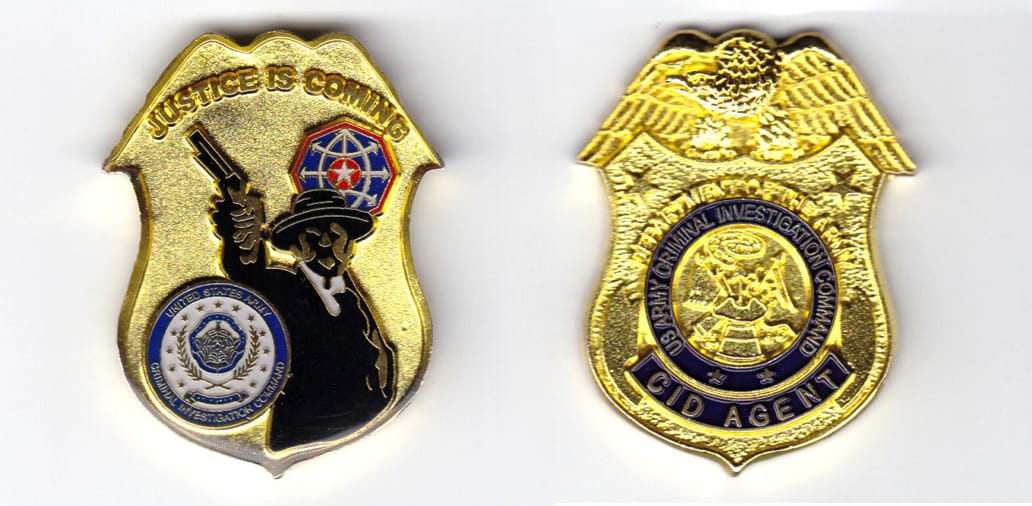 CID Badge shaped, gold colored coin, 1-3/8 inches wide x  2 inches high.