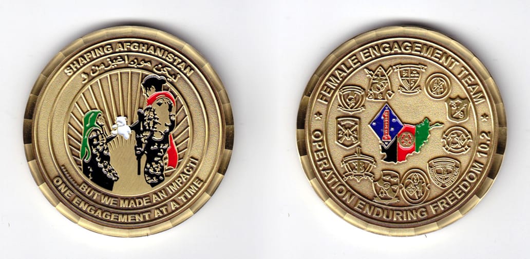 Round shaped, brass colored coin, 2 inches in diameter.