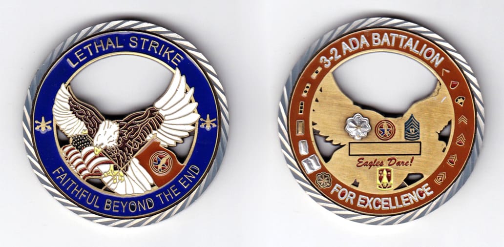 Round shaped, brass and pewter colored coin, 2 inches in diameter.