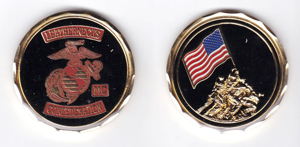 Round shaped, gold colored coin, 2 inches in diameter.