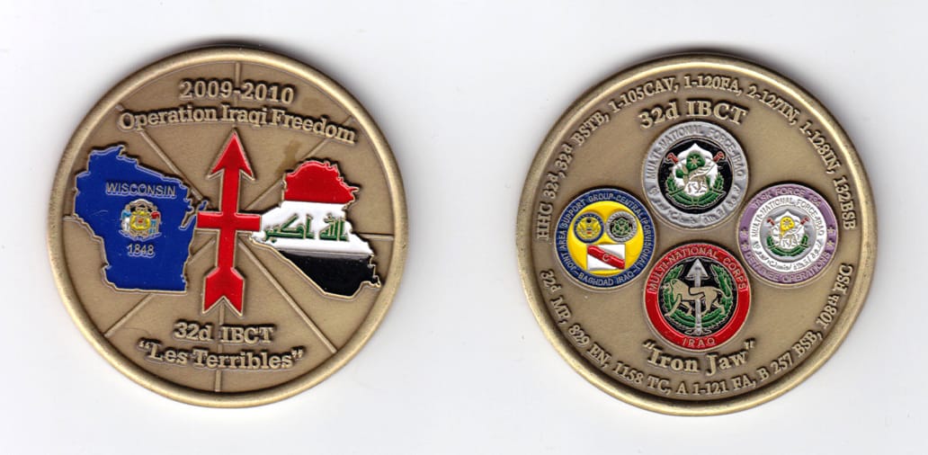 Round shaped, brass colored coin, 2 inches in diameter.