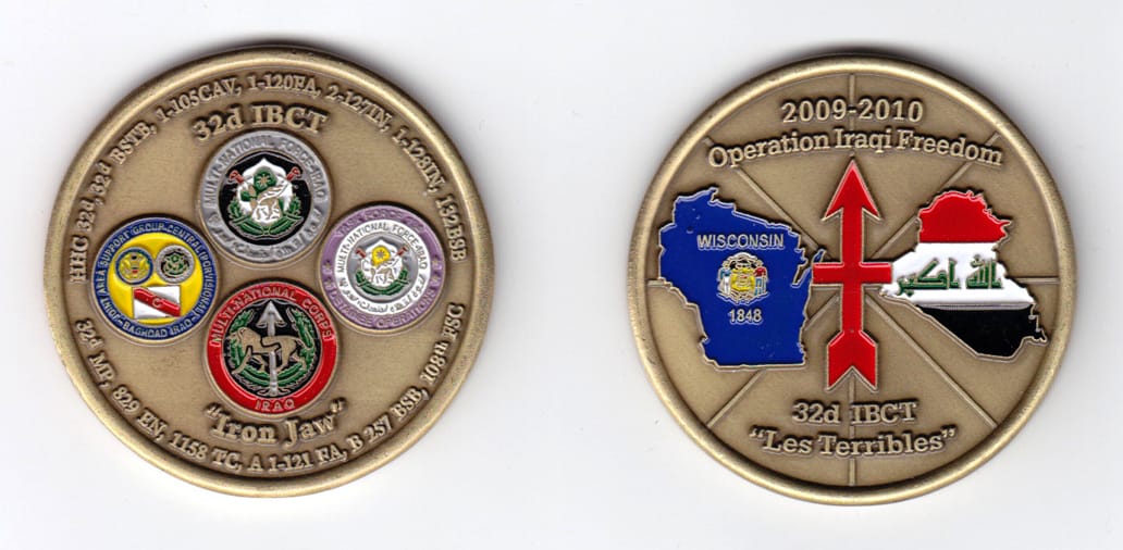 Round shaped, brass colored coin, 2 inches in diameter.